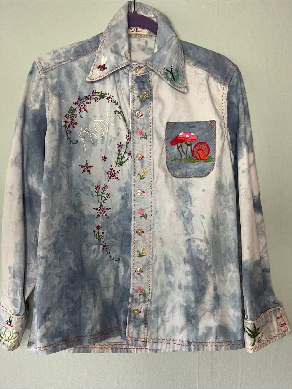 Handmade Hand-Embroidered Tie-Dye Button-Up Shirt - Light Denim unique!